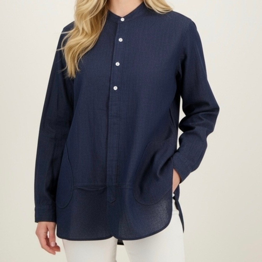 MR. Completely Indigo Curved-Hem Band-Collar Shirt - Men's - Size: XL